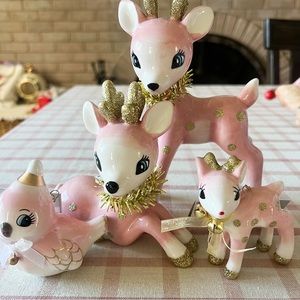 Retro Ceramic Pink reindeer and bird Figurine Set Wondershop
